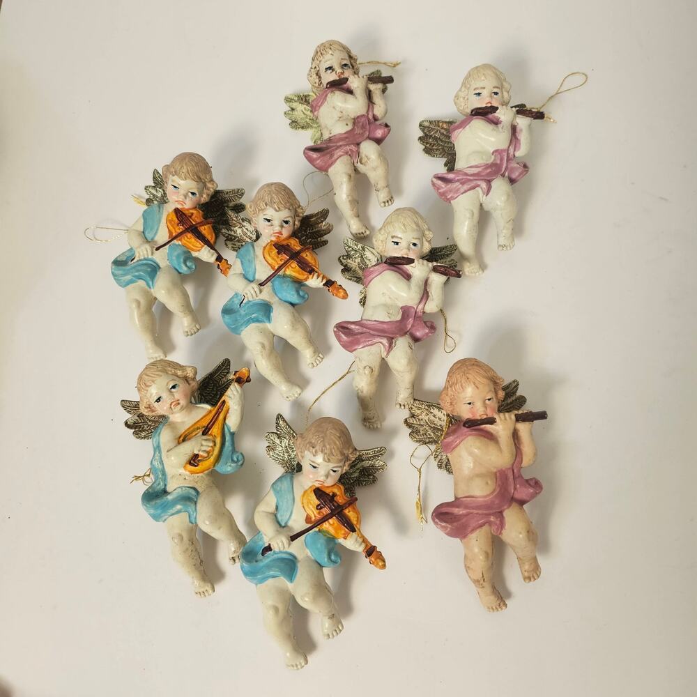 Vintage Angel Christmas Ornaments Musical Instruments 4" Plastic‎ Blow Mold x8